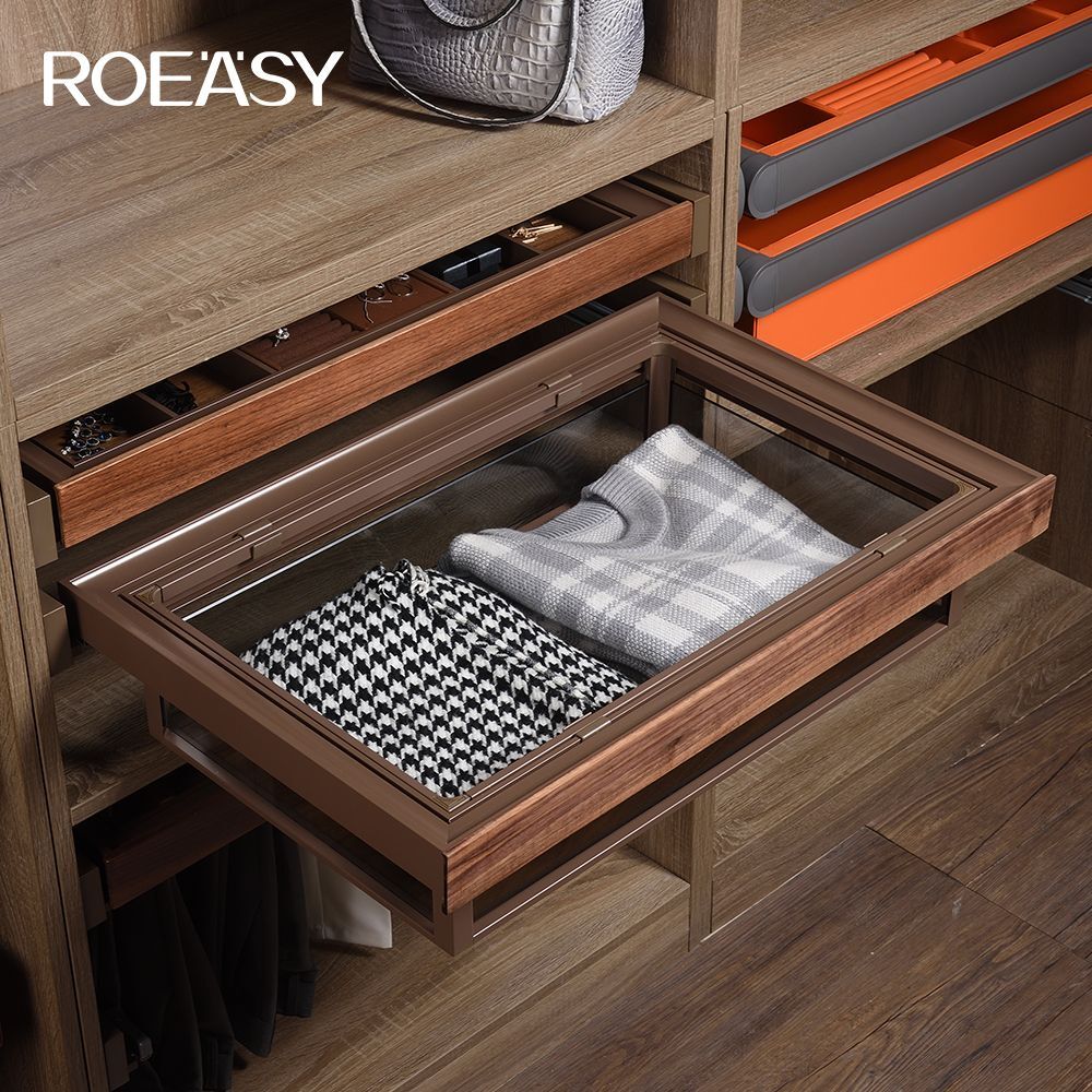 ROEASY R7008D-R7009D Glass multifunctional storage basket suitable for wardrobe cabinets with slow closing slide